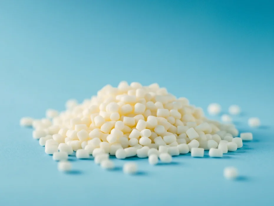 Imagen de primer plano de pellets de resina biodegradable hechos de almidón de maíz, utilizados como materia prima en la fabricación de bolsas compostables. Los gránulos están colocados sobre una superficie blanca, destacando su apariencia natural y renovable. 
